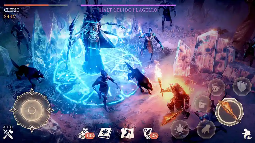 Scena di battaglia di un ARPG mobile dark fantasy